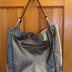 The Sak Metallic Silver Shoulder Bag with Brown Strap